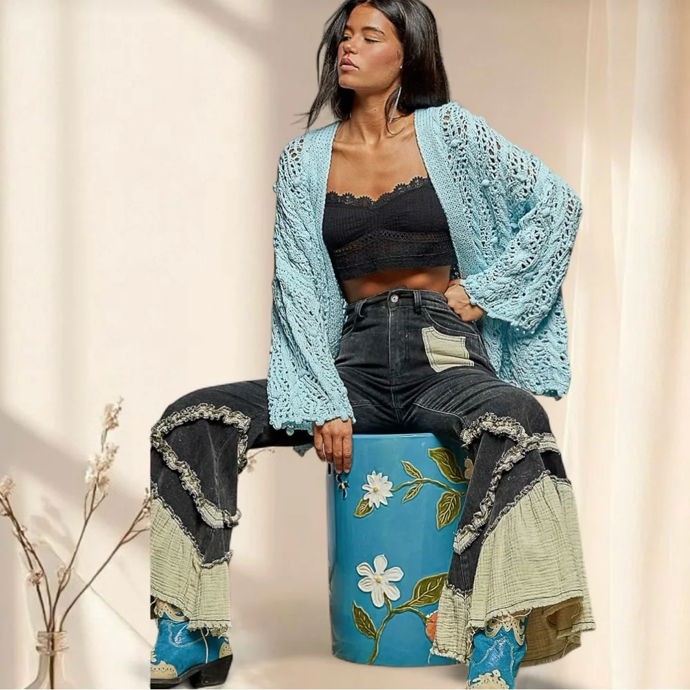 POL Baby Blue Crochet Hooded Open Knit Cardigan Sweater - Picture 10 of 11